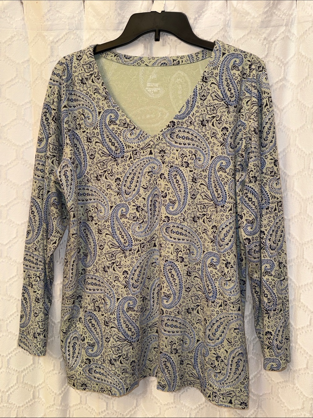 J. Jill Blue and Cream Paisley V-Neck Long Sleeve Tee